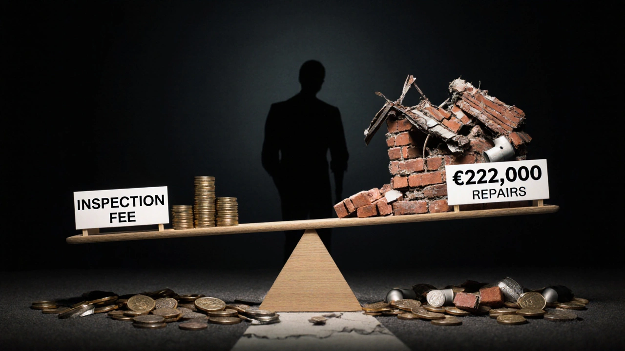 Eine Waage vergleicht die Kosten eines Gutachtens mit den Kosten verborgener Schäden.