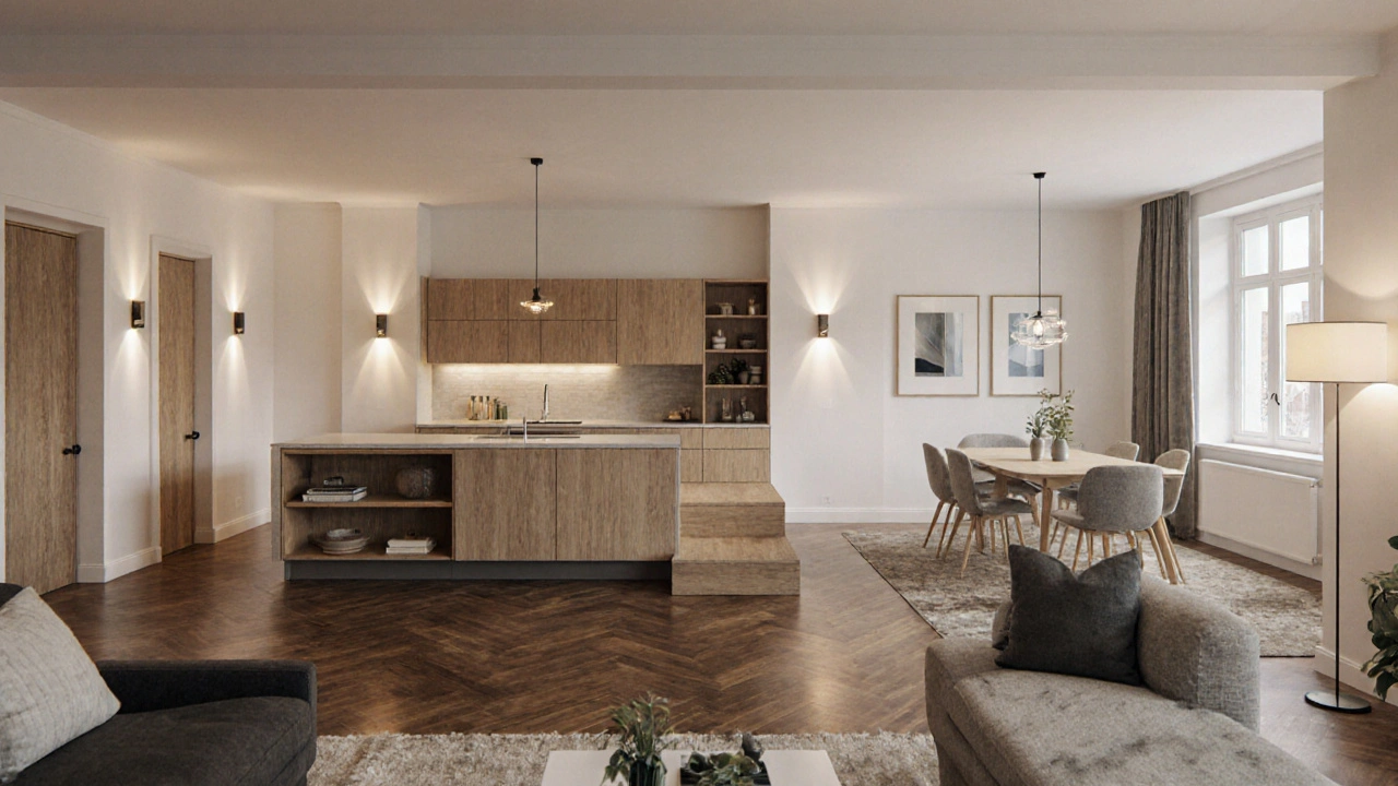 Erhöhter Wohnbereich auf Podest, getrennt von Küche und Essplatz durch Holztonunterschiede und Sideboards, warmes Licht und moderne Möbel.