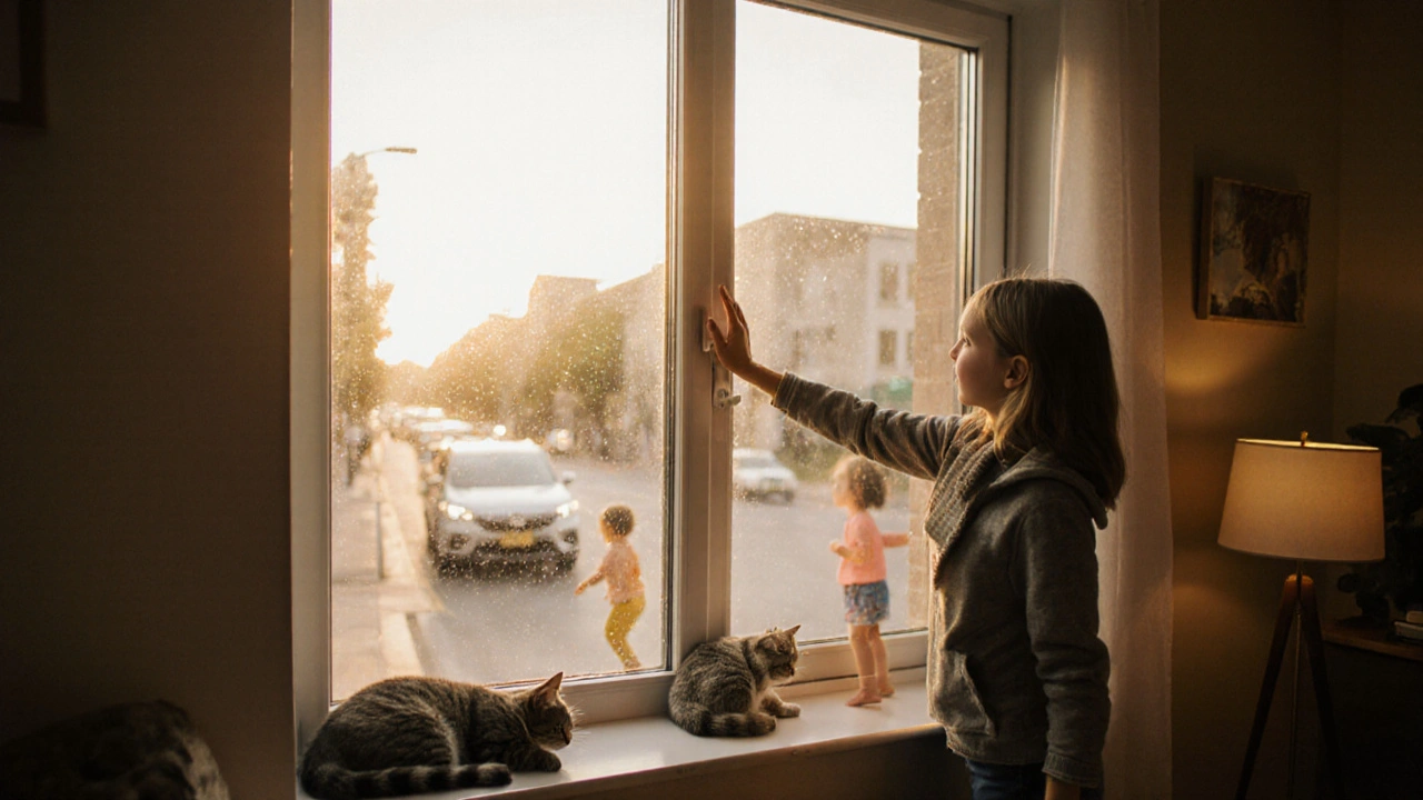 Familie berührt ein warmes, lichtdurchflutetes Dreifachglasfenster im Wohnzimmer, ruhige Straße draußen.