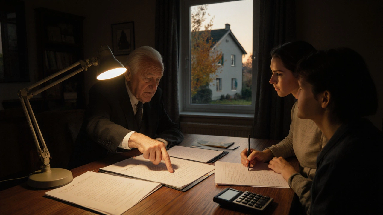 Familie bespricht Erbbaurecht-Dokumente bei lampebeleuchtetem Tisch.