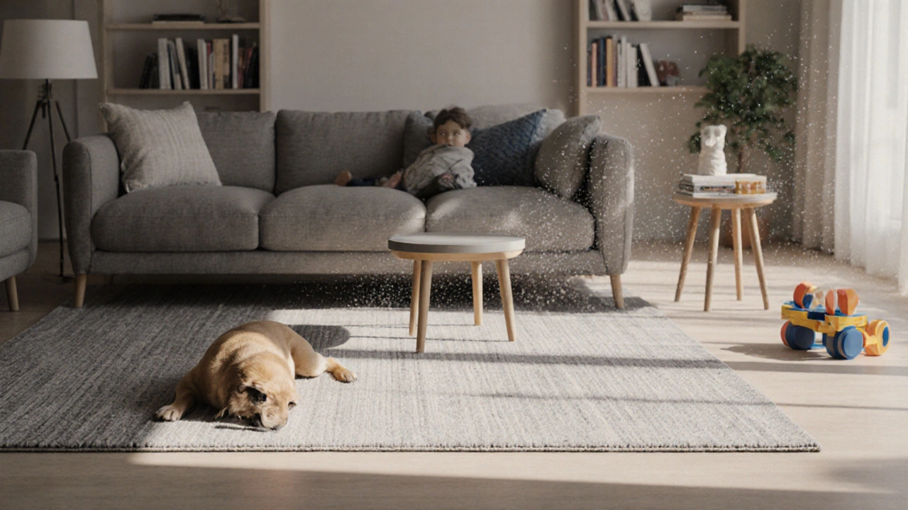 Familienwohnzimmer mit widerstandsfähigem Teppich, Hund und Kinderspielzeug darauf.