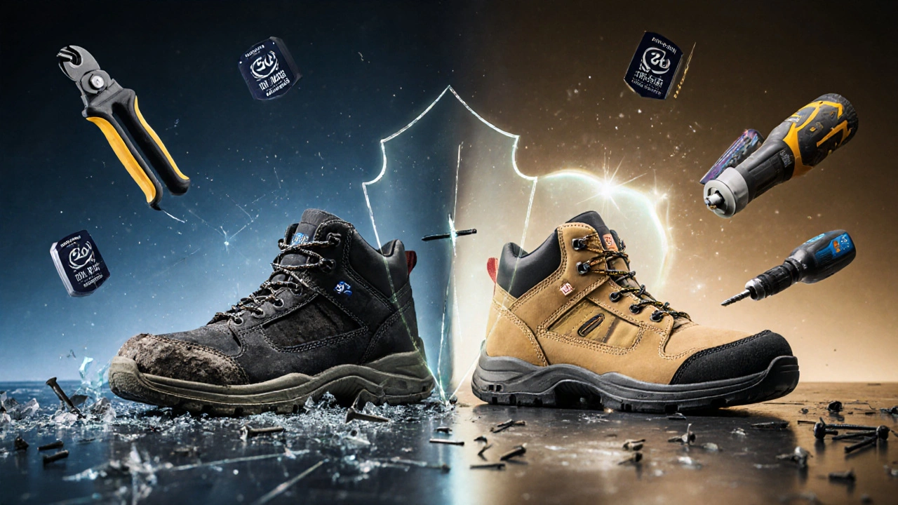 Gegensatz: Beschädigter SB-Schuh mit Durchstich vs. geschützter S2-Schuh mit symbolischem Schutzschild.