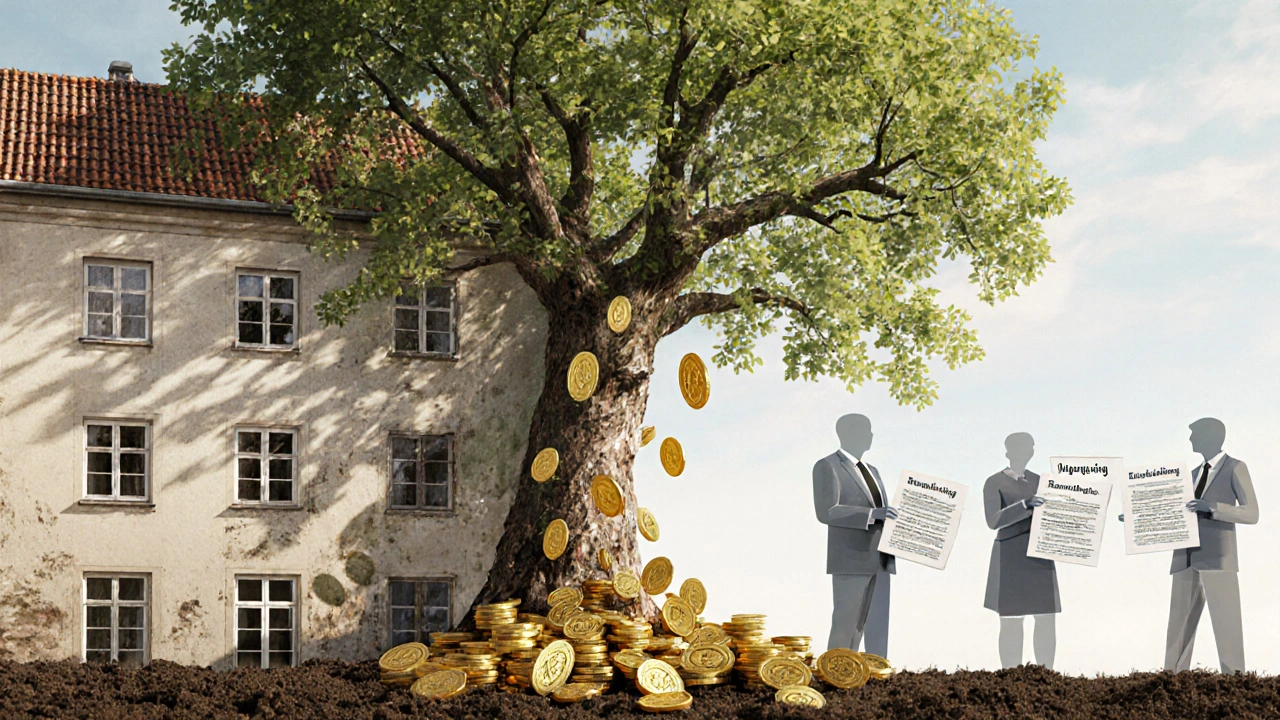 Historisches Haus verwandelt sich in einen Baum, Geldscheine fließen als goldenes Feedback in den Boden, symbolisch für Erhaltung.