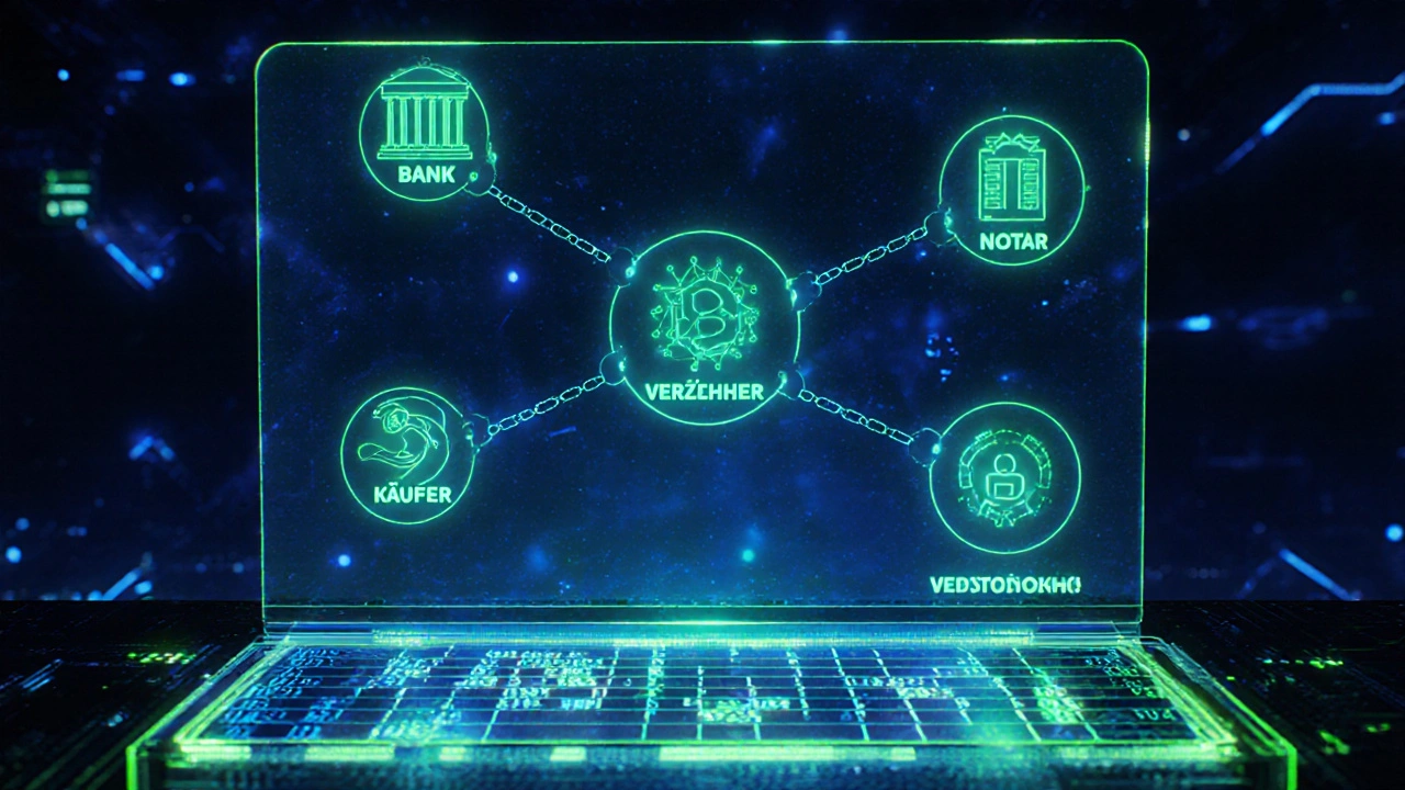 Holografische digitale Plattform verbindet Bank, Notar und Verkäufer bei einer sicheren Immobilientransaktion.