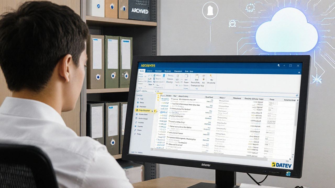 Immobilienverwalter sieht digitale Mängelliste mit automatischer Buchhaltungsverknüpfung auf dem Bildschirm.