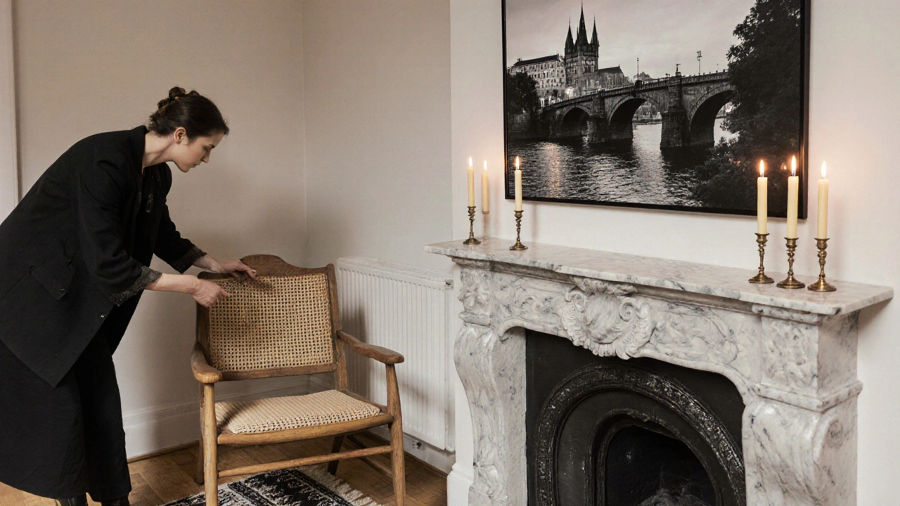 Innenausstatter platziert antike Möbel, handgewebte Teppiche und Kerzen in einer Prager Wohnung, um eine ruhige, persönliche Atmosphäre zu schaffen.