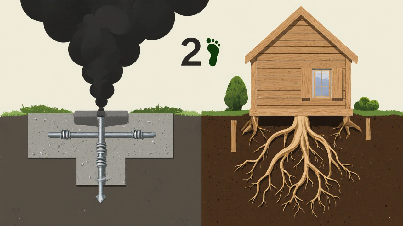Kontrast zwischen einem Betonfundament mit CO2-Emissionen und einem Holzfundament mit natürlichen Wurzeln in der Erde.