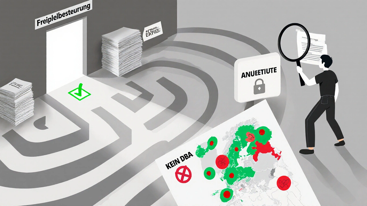 Labyrinth mit zwei Wegen zur Steuerregelung: Freistellung und Anrechnung, symbolisch dargestellt mit Dokumenten und Karte Europas.