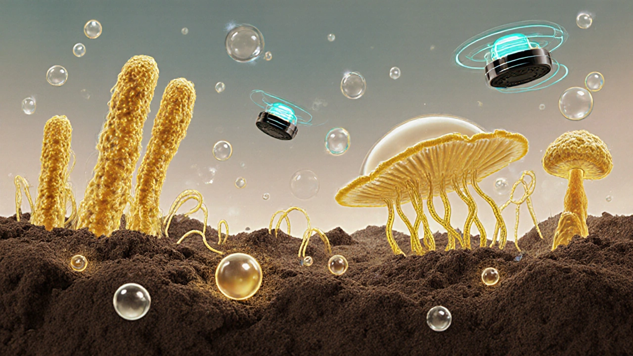 Leuchtende Mikroben im Boden, die Öl abbauen, während Sensoren die Bodenparameter überwachen.