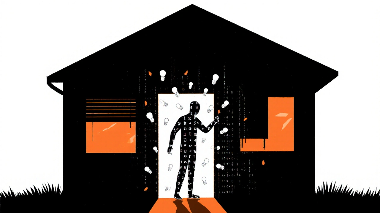 Lichtmuster und Schatten formen eine unsichtbare menschliche Präsenz im Haus, Symbol für intelligente Sicherheit.