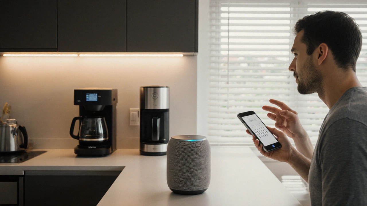 Mann spricht mit Google Assistant in der Küche, Kaffeemaschine schaltet sich ein, moderne Einrichtung.