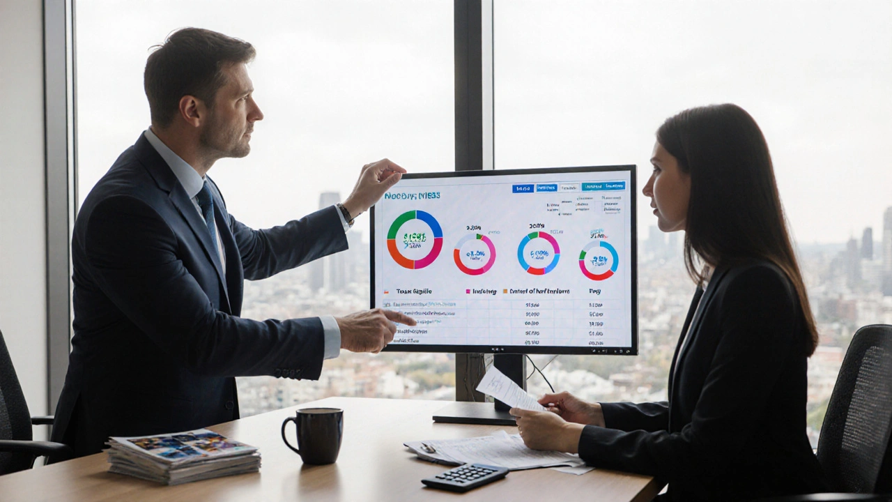 Mann zeigt auf Bildschirm mit Vergleichspreisen für Wohnungen in einem Büro.