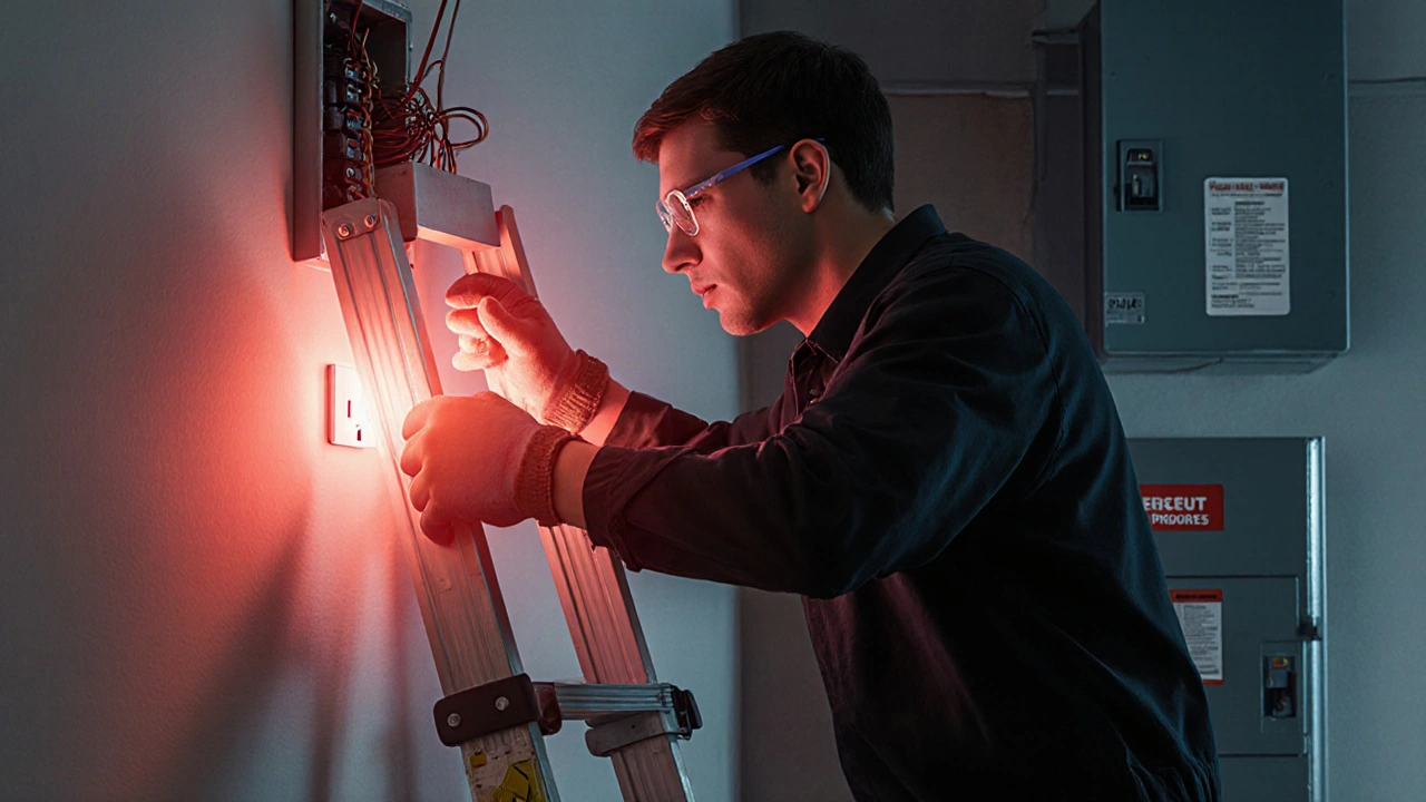 Mensch auf Fiberglasleiter, verändert Steckdose, Warnlicht um die Hand, keine metallischen Teile sichtbar.