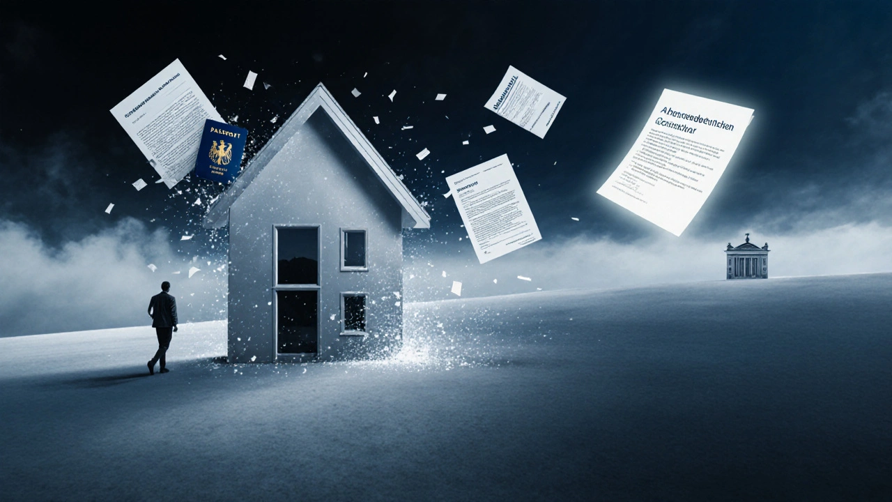 Mensch geht von deutschem Haus weg, Dokumente lösen sich auf, Abmeldebescheinigung leuchtet voran.