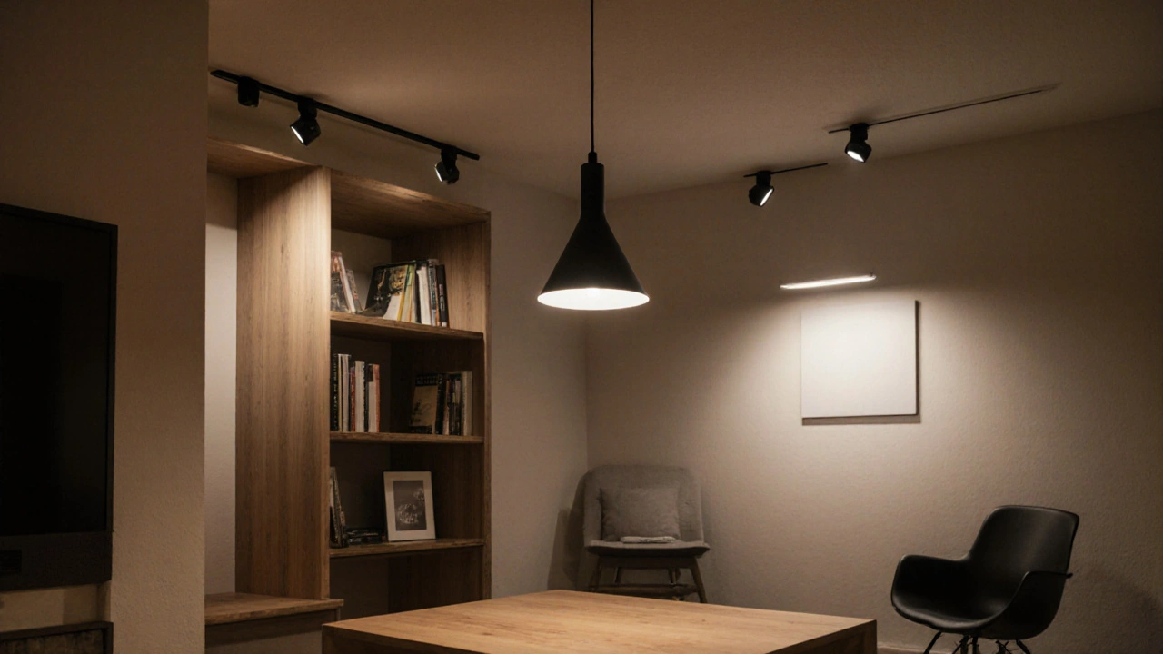 Modernes Wohnzimmer mit Pendelleuchte, Schienensystem und Deckenlicht in harmonischer Beleuchtung.