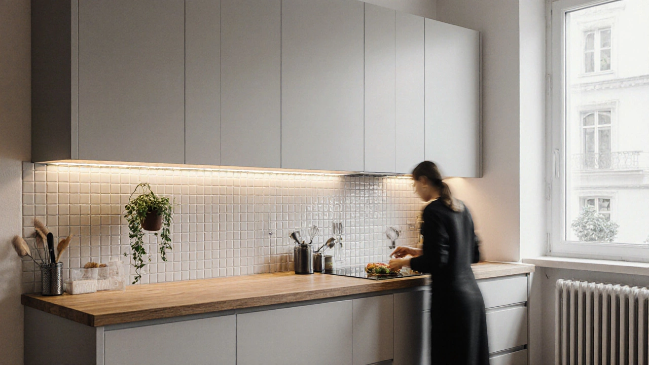 Praktische Küche mit oberen Schränken, Unterschrankbeleuchtung und Holzarbeitsplatte, frei von Überflüssigem.