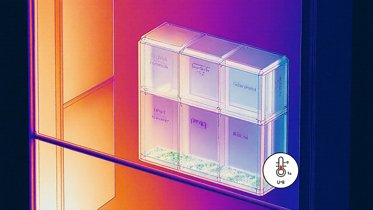 Querschnitt einer Dreifachverglasung mit sichtbaren Zwischenräumen, PVB-Folie und Low-E-Beschichtung.