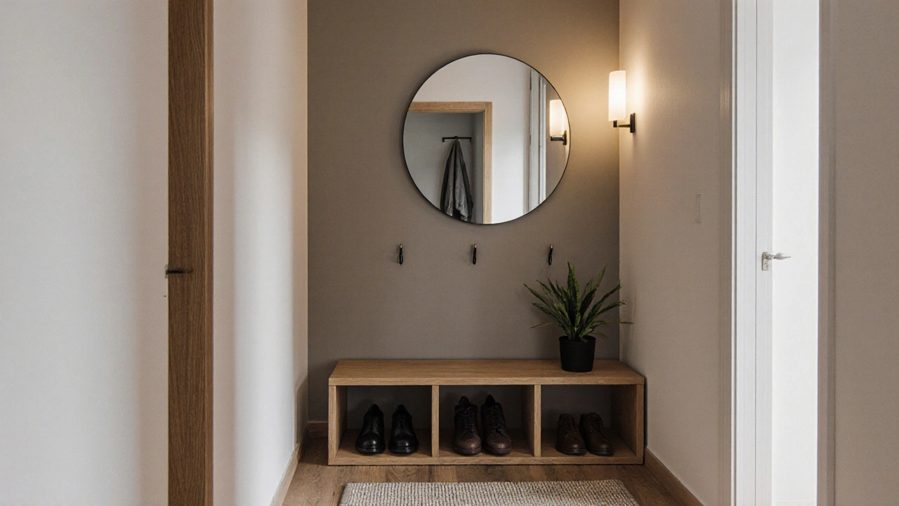 Schlanker Flur mit Sitzbank, Spiegel und Haken, freundlich beleuchtet und ohne Unordnung.