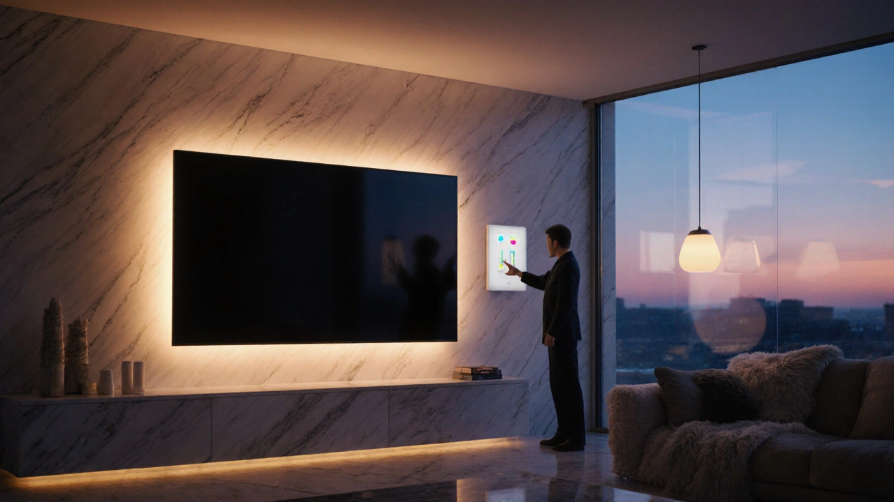 Smartes Wohnzimmer mit hinter dem Fernseher angebrachten LED-Streifen und farbveränderbarer Pendelleuchte.