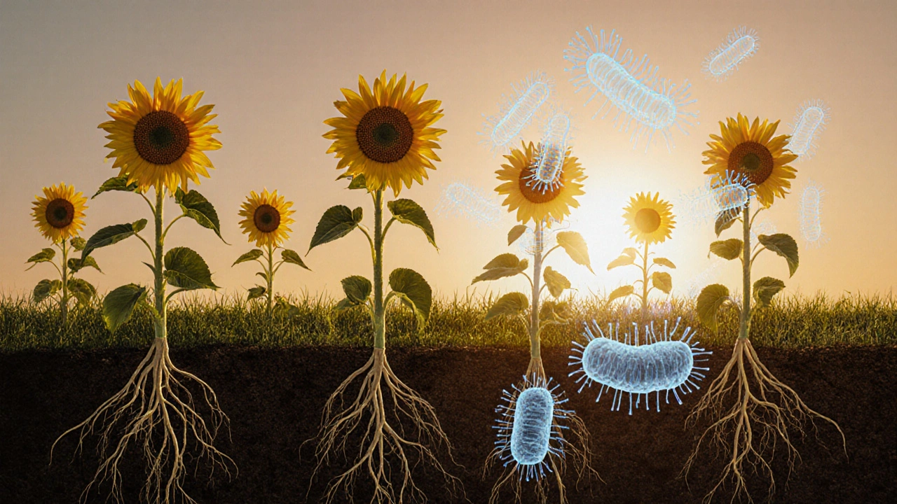 Sonnenblumen und Raps mit Wurzeln, die Schadstoffe aufnehmen, unterstützt von digitalen Bakterien-Hologrammen.