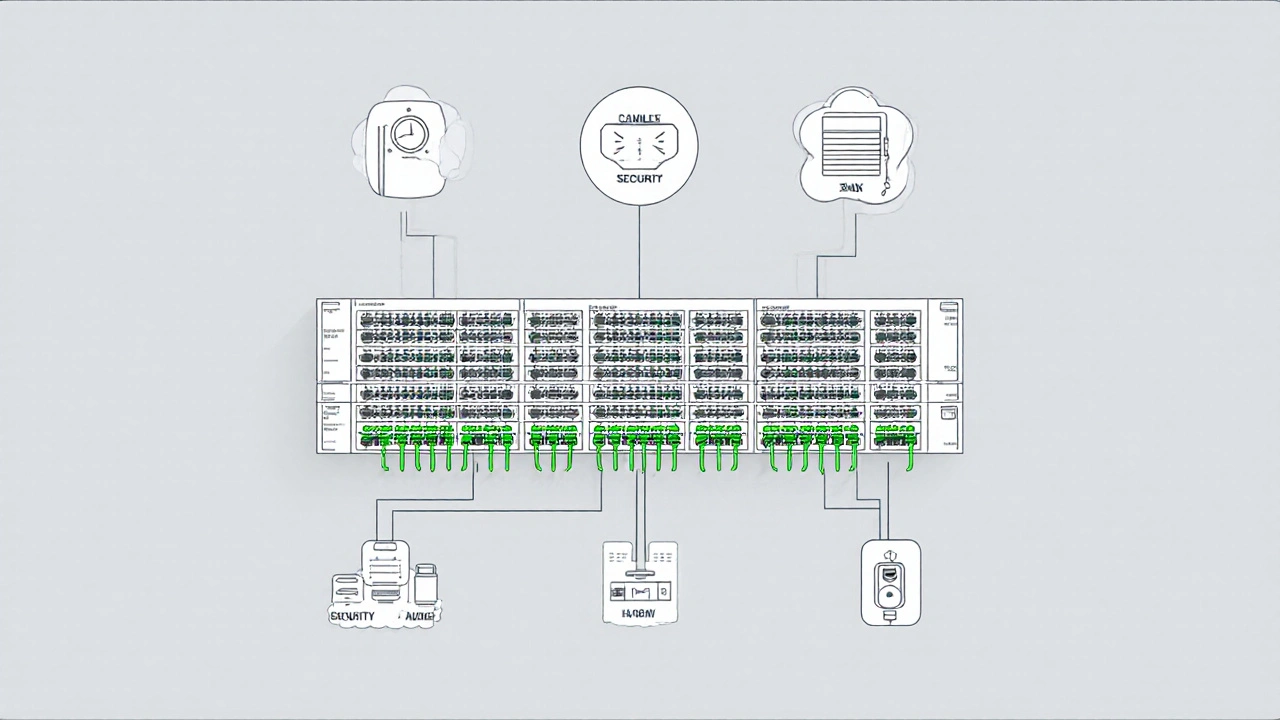 Technische Darstellung eines KNX-Systems mit verbundenen Geräten für Licht, Heizung und Jalousien über ein Buskabelnetz.