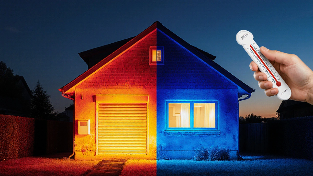 Thermografie zeigt Wärmeverluste bei altem vs. gedämmtem Rollladenkasten an einem Haus.