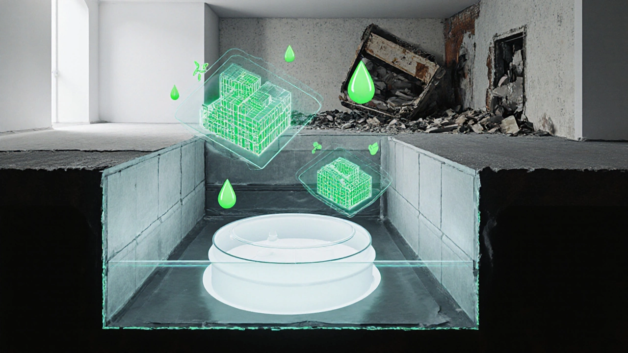 Transparenzansicht eines zukunftssicheren Kellers mit digitalen Modellen und Umweltsymbolen.