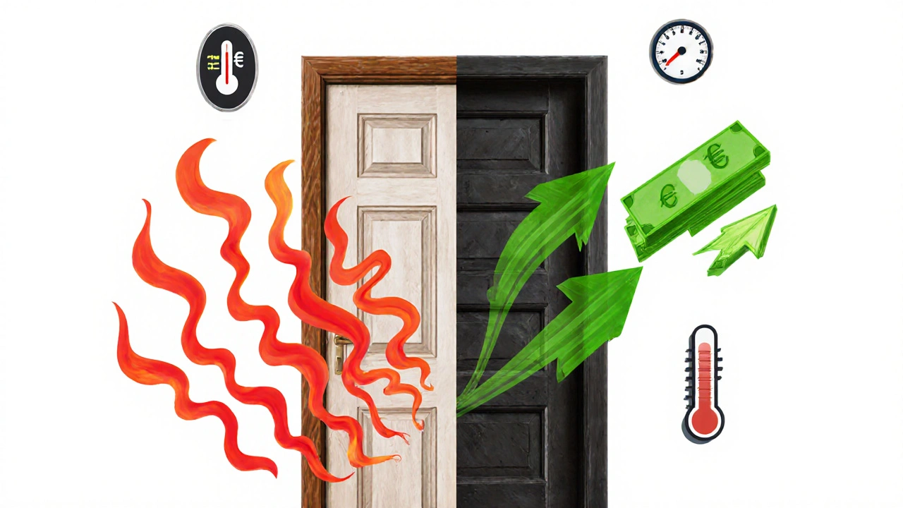 Vergleich: alte Tür mit Wärmeverlust und moderne Tür mit Energieeinsparung als grafische Darstellung.