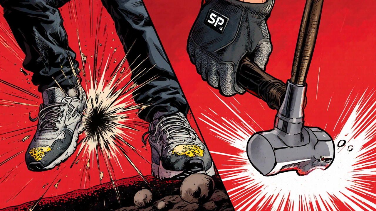 Vergleich: Gefährlicher Unfall mit normalen Schuhen vs. sichere Protection mit Sicherheitsschuhen.