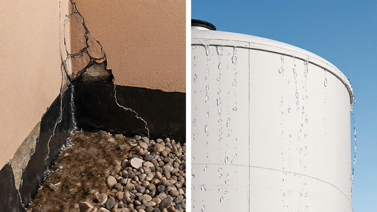 Vergleich: kaputte schwarze Abdichtung mit Wasserlecks vs. intakte weiße Betonwand ohne Beschichtung.