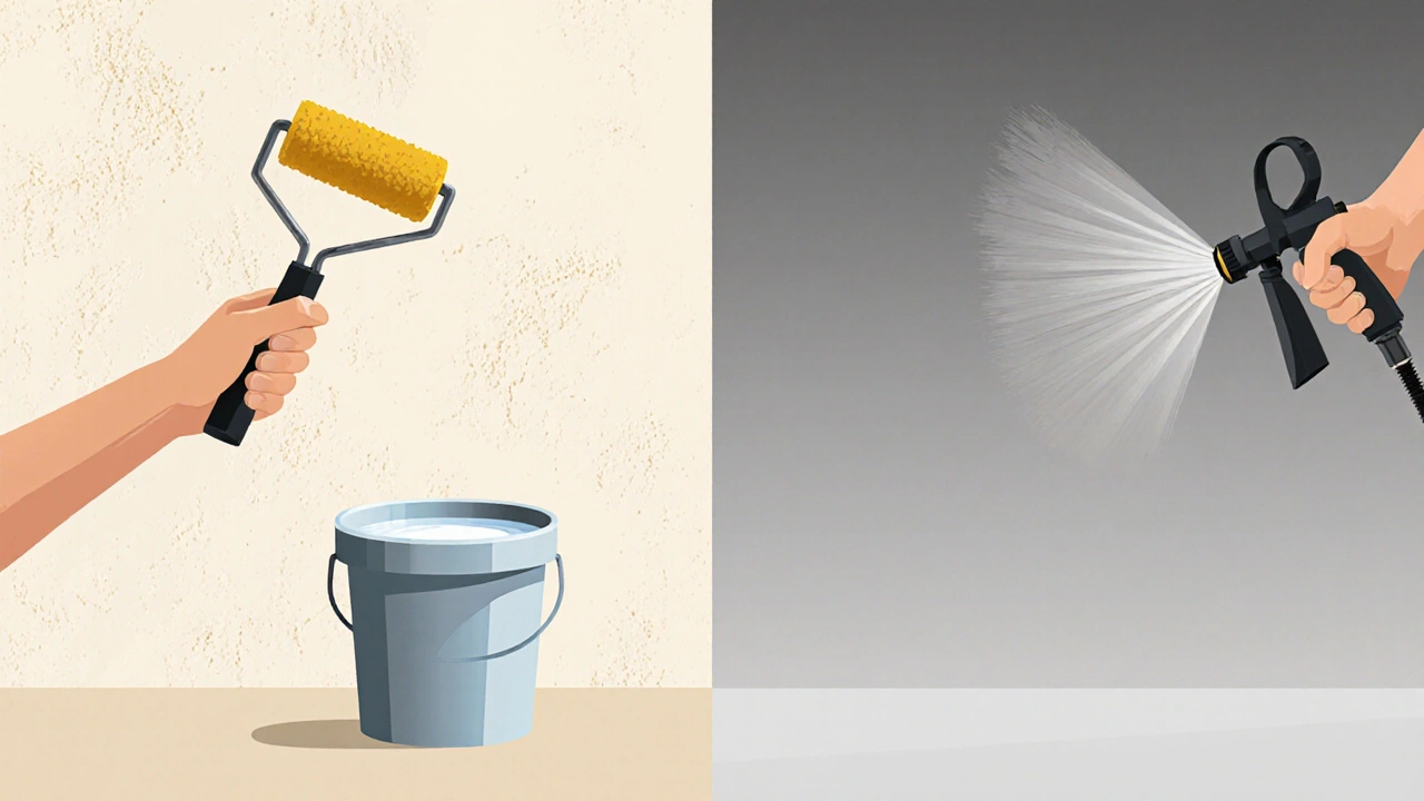Vergleich: Pinselrolle links, Sprühsystem rechts, saubere Trennung.