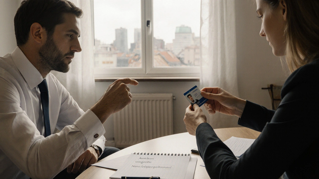 Vermieter prüft den Personalausweis eines Besuchers, ohne weitere Unterlagen zu fordern.
