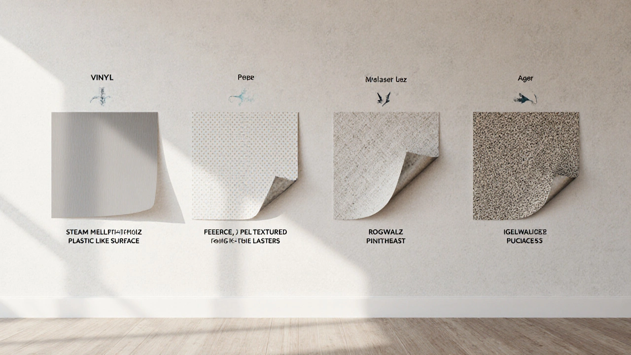 Vier verschiedene Tapetentypen an einer Wand: Vinyl, Vlies, Papier und Raufasertapete, jeweils mit charakteristischen Oberflächen.