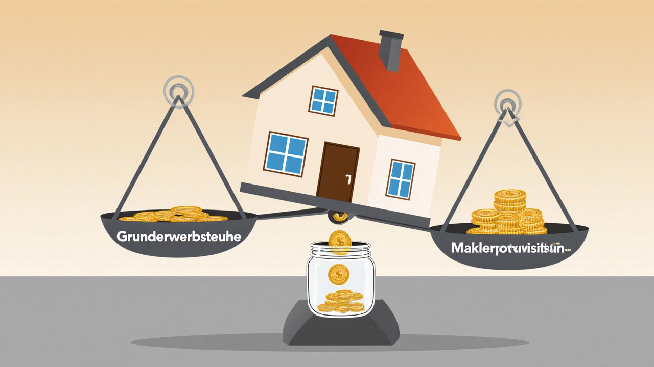 Waage mit Haus und Nebenkosten-Gewichten, Münzen fallen in ein Spargefäss.