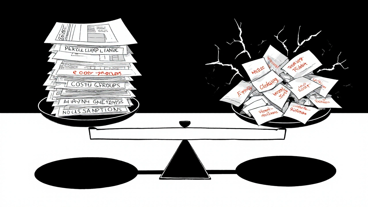 Waage mit ordentlichen DIN-276-Dokumenten auf einer Seite und chaotischen Fehlern auf der anderen.