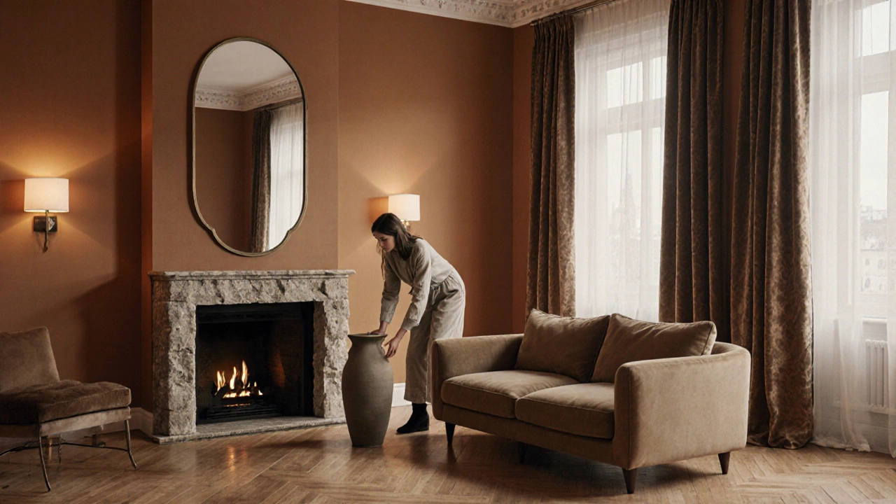 Wohnraum mit warmen Holzdielen, ockerfarbenen Wänden und indirekter Beleuchtung, gestaltet mit natürlichen Materialien und moderner Eleganz.