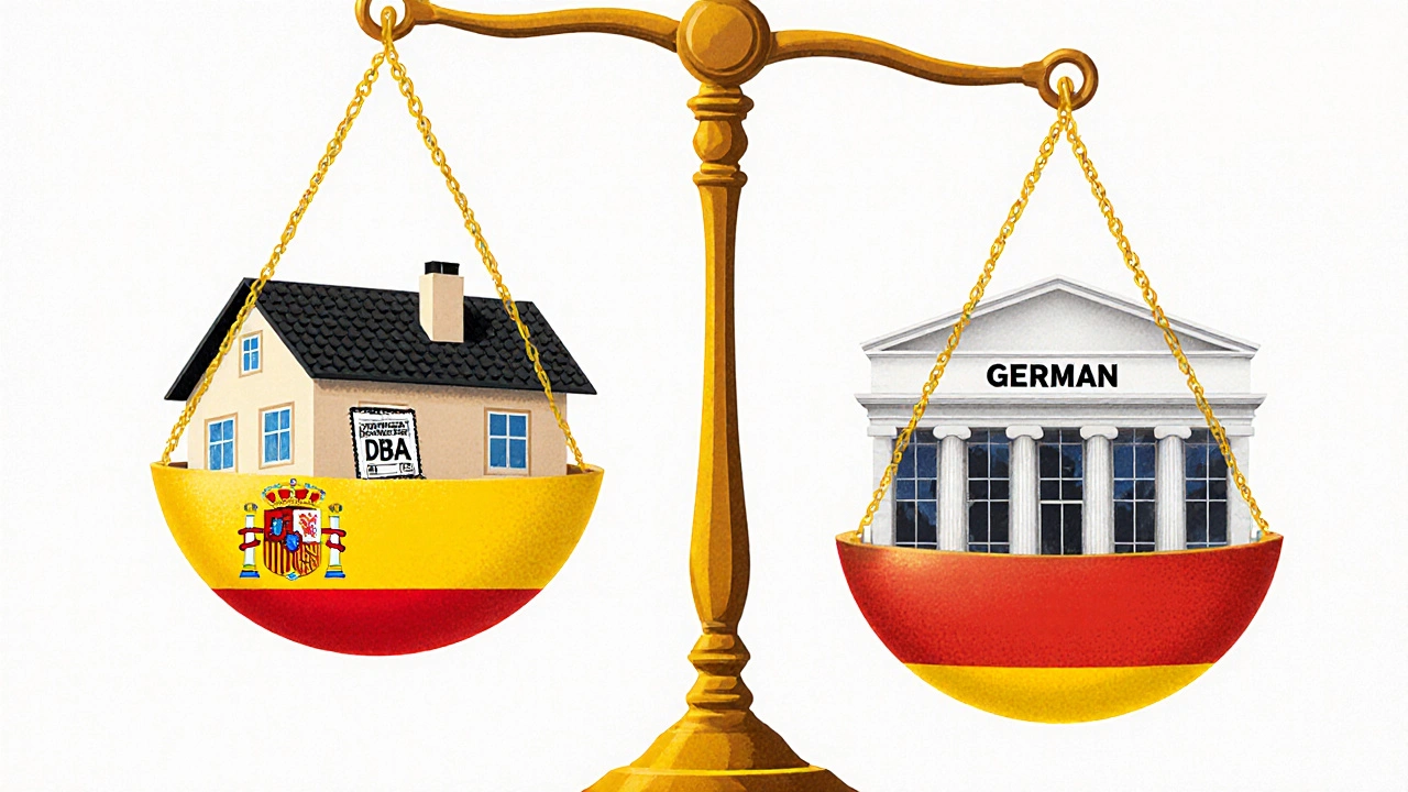 Zwei Waagschalen mit spanischem Haus und deutscher Steuerbehörde, verbunden durch DBA-Thread.