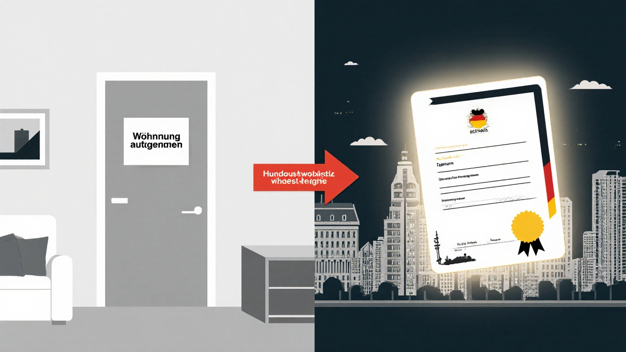 Zweiteilige Illustration: Deutsche Wohnung wird verlassen, deutsche Botschaft im Ausland wird erreicht.