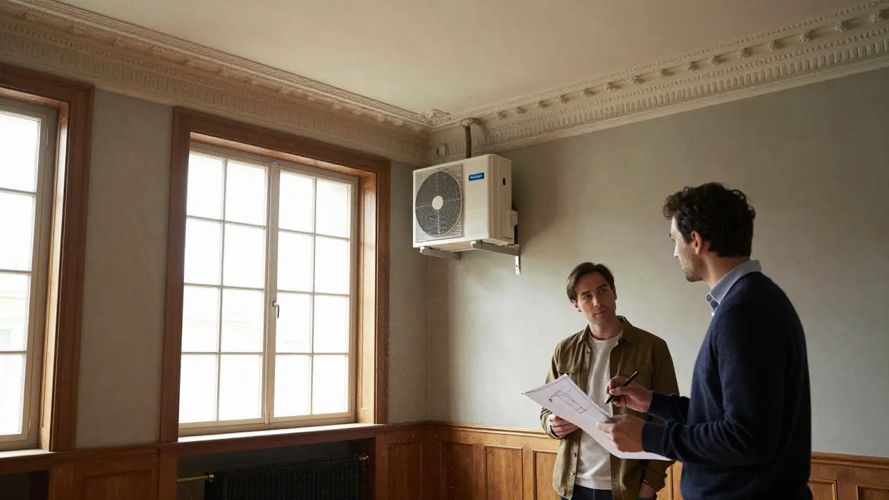 Architekt und Hausbesitzer besprechen sanfte Modernisierung in einem historischen Raum.