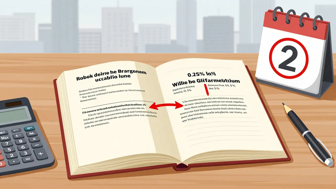 Aufgeklapptes Grundbuch mit Eintragungen zu Kauf und Vorkaufsrecht, daneben ein Kalender mit Frist und ein Taschenrechner.