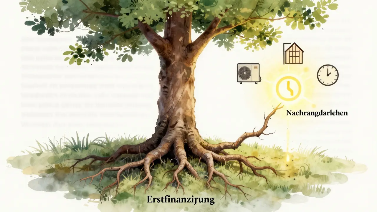 Baum mit zwei Wurzeln, eine dicke für die Erstfinanzierung, eine dünnere für das Nachrangdarlehen, verbunden mit Sanierungs-Symbolen.