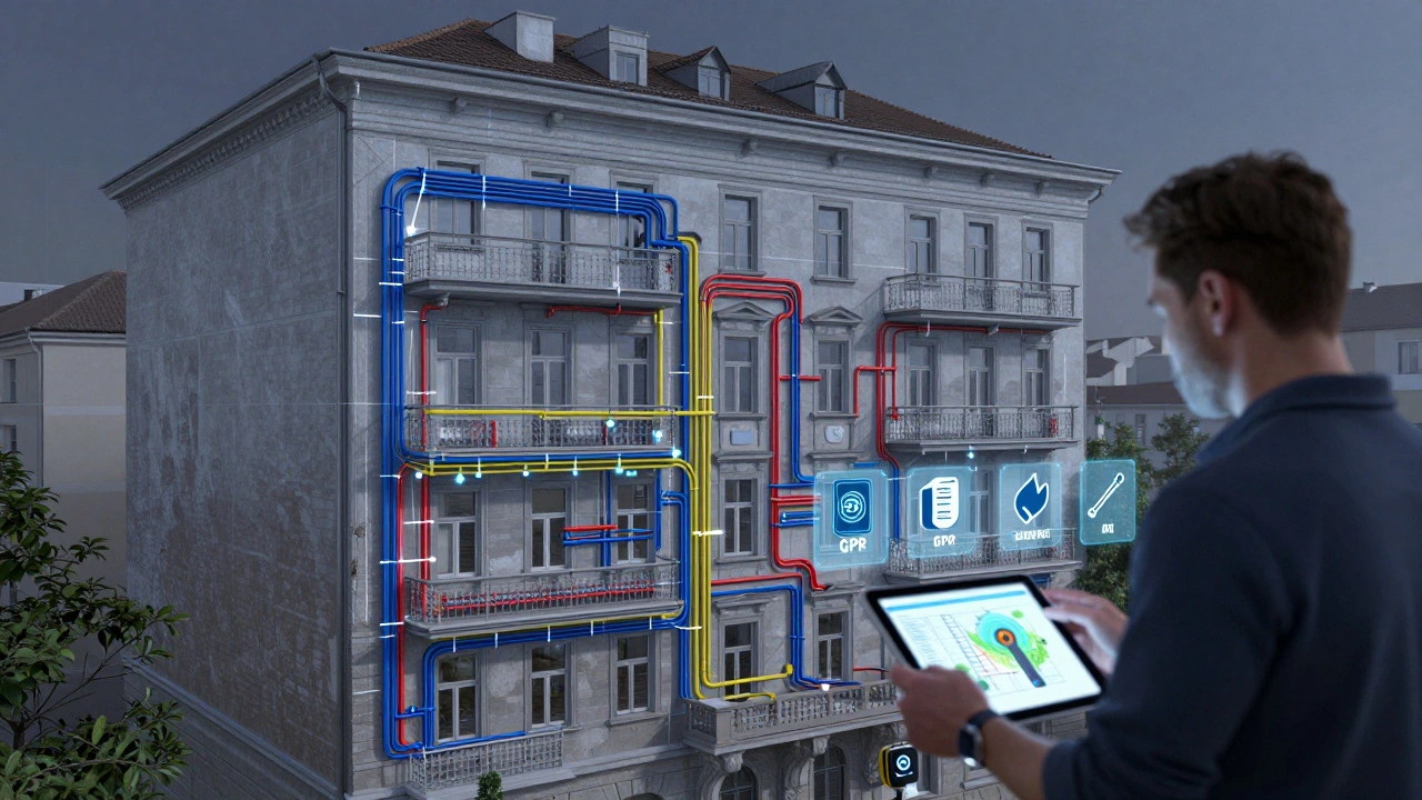 Digitales 3D-Modell eines Altbau-Gebäudes mit farblich gekennzeichneten Leitungen im BIM-System.