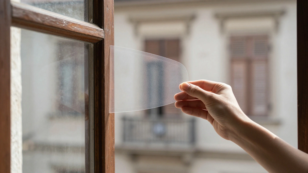 Dünne, transparente Dämmfolie wird vorsichtig an einem historischen Fenster angebracht, Licht durchflutet die Scheibe.