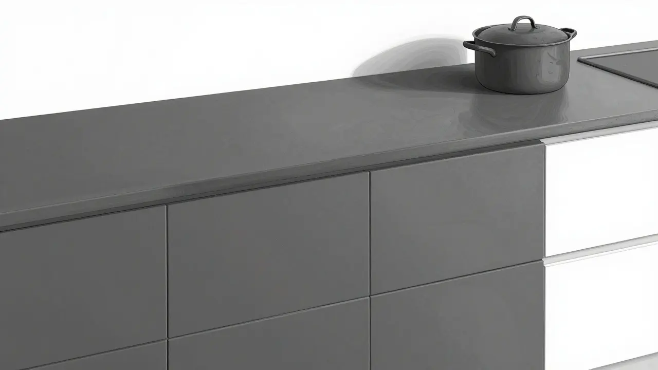 Dünnes Mikrobeton-Design über Fliesen in einer Küche mit seidig glatter Oberfläche und keiner Fuge.