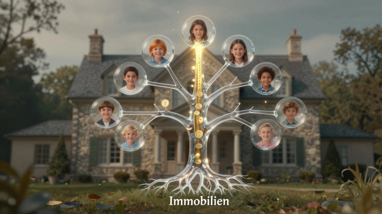 Durchsichtiger Familienbaum wächst aus einem Haus, Einkünfte fließen nach oben.