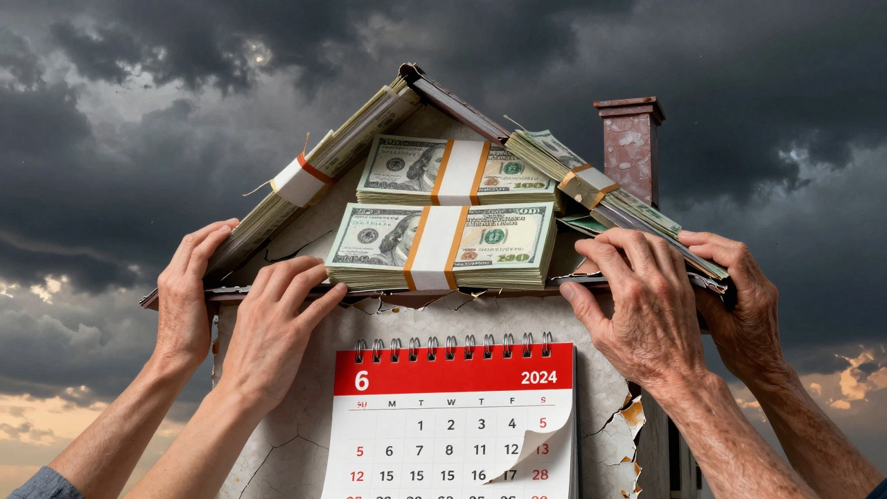 Ein Haus aus Banknoten bricht auseinander, während Hände es halten und eine Frist abläuft.