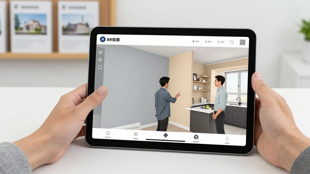 Ein Makler zeigt einem Kunden an einem Tablet, wie Wände und Farben in einer Wohnung digital verändert werden können.
