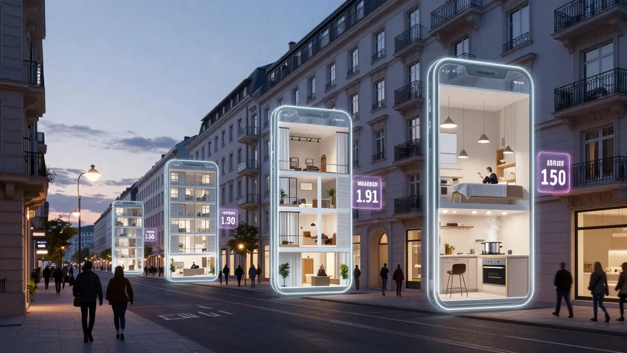 Eine Straße in Wien, bei der durch Smartphones virtuelle Wohnungen auf den Hausfassaden sichtbar sind.