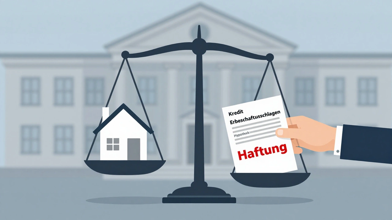 Eine Waage mit Haus und Kreditpapieren, symbolisiert die Last der geerbten Schulden.