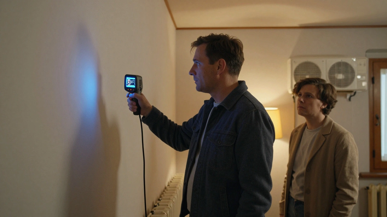 Energieberater mit Wärmebildkamera in altem Haus, prüft Isolierung neben alter Heizung.